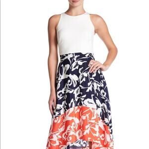 Vince Camuto White Top Blue Coral Floral Dress Sz 6 Chiffon Sleeveless Tropical